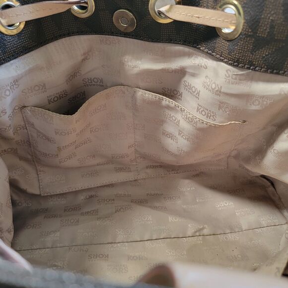 Michael Kors Brown Monogram Drawstring Satchel Handbag Purse Double Top Handle - Picture 12 of 16